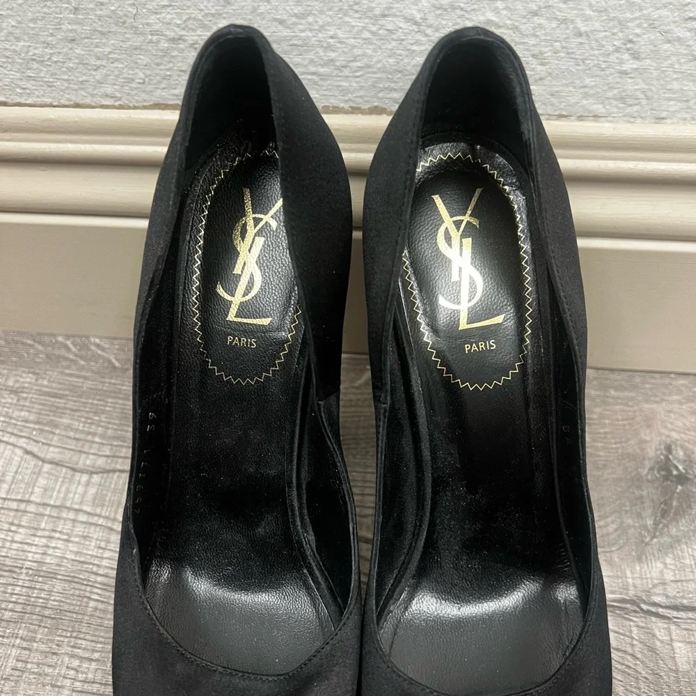 YVES SAINT LAURENT BLACK SATIN PALAIS PLATFORMS - Picture 4 of 8